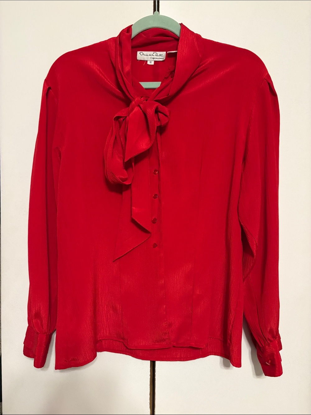 Vintage Oscar de la Renta Red Bow Tie Neck Blouse